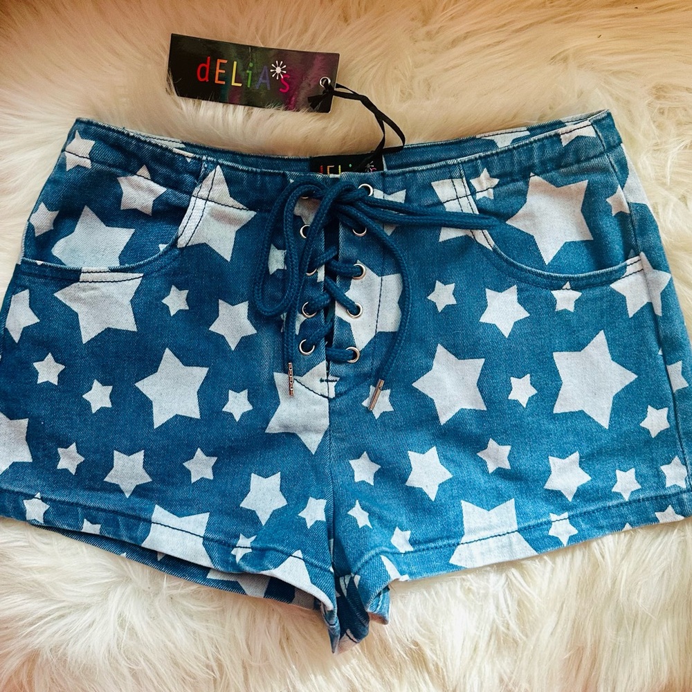 dELiA*s Star Print Denim Shorts Lace Up